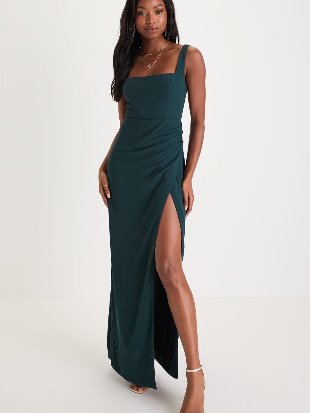 Lulu's Deep Teal Square-Neck Maxi Dress with High Side Slit